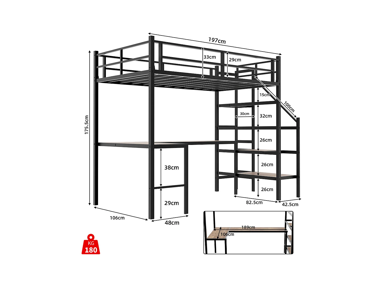 Lit mezzanine 90x190 bureau L grand rangement compartiments cadre stable escalier garde-corps continu minimaliste silencieux sans ressorts noir