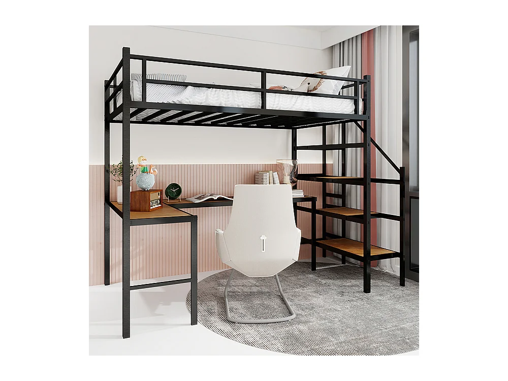 Lit mezzanine 90x190 bureau L grand rangement compartiments cadre stable escalier garde-corps continu minimaliste silencieux sans ressorts noir