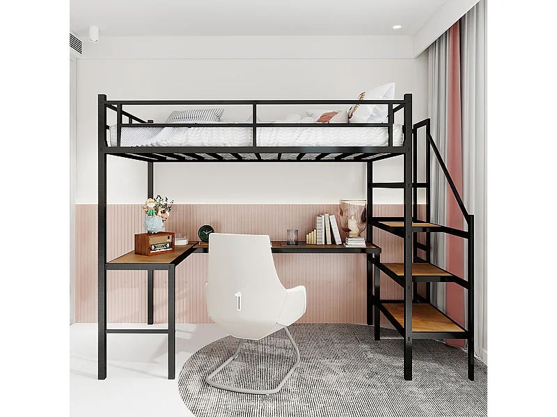 Lit mezzanine 90x190 bureau L grand rangement compartiments cadre stable escalier garde-corps continu minimaliste silencieux sans ressorts noir