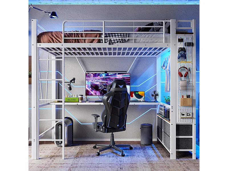 Lit mezzanine 90x200 cm cadre fer avec bureau sèche-linge étagères 4 tiroirs prise USB+TYPE-C bande LED garde-corps échelle planche à trous sans matelas blanc