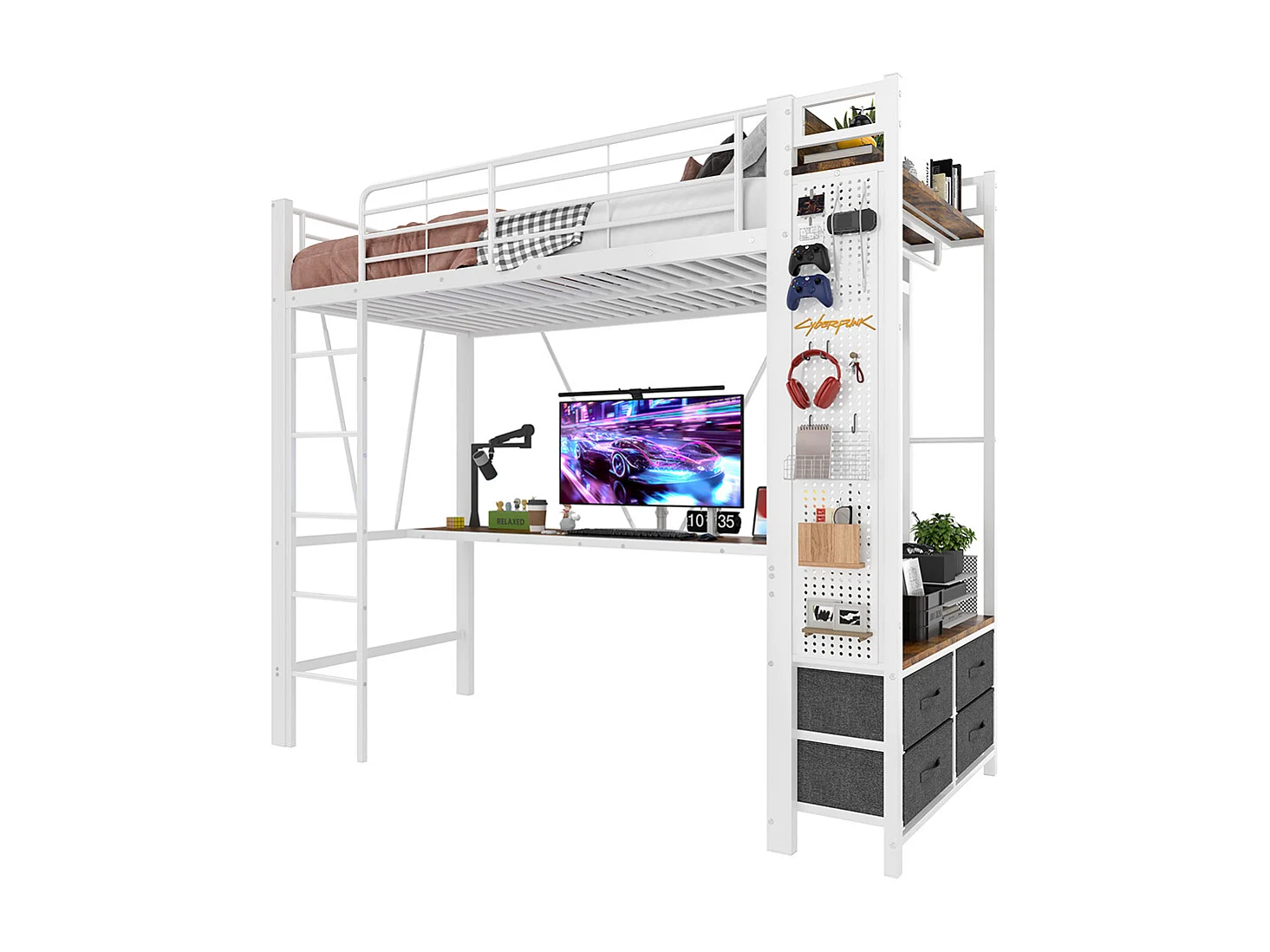 Letto a soppalco 90x200 cm con struttura in ferro scrivania stendibiancheria ripiani 4 cassetti presa USB+TYPE-C striscia LED ringhiera scala tavola forata bianco