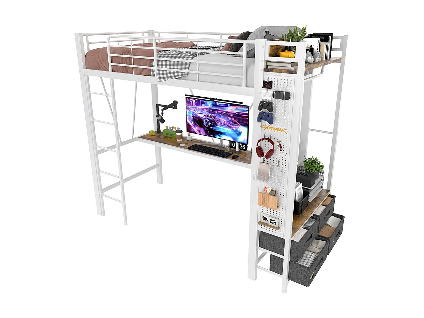 Letto a soppalco 90x200 cm con struttura in ferro scrivania stendibiancheria ripiani 4 cassetti presa USB+TYPE-C striscia LED ringhiera scala tavola forata bianco