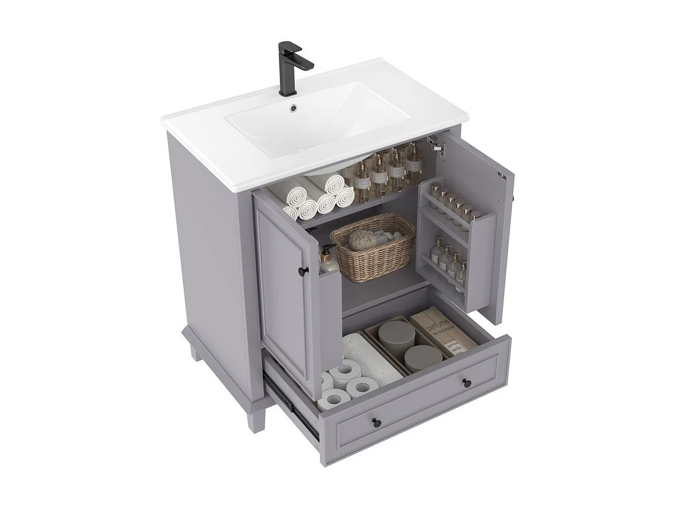 Meuble salle de bain lavabo pieds bois massif MDF hydrofuge grand rangement vasque ceramique integre gris
