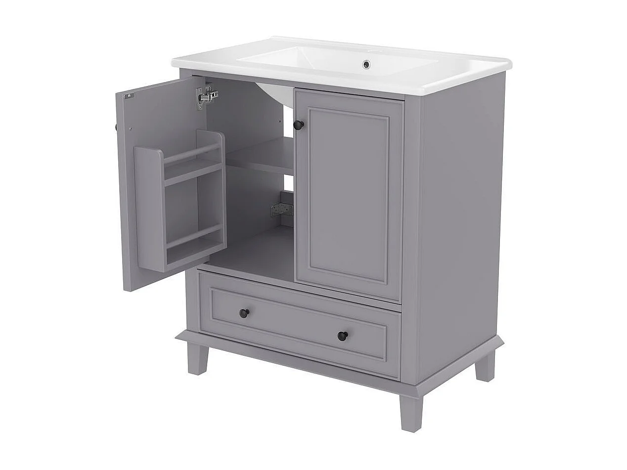 Meuble salle de bain lavabo pieds bois massif MDF hydrofuge grand rangement vasque ceramique integre gris
