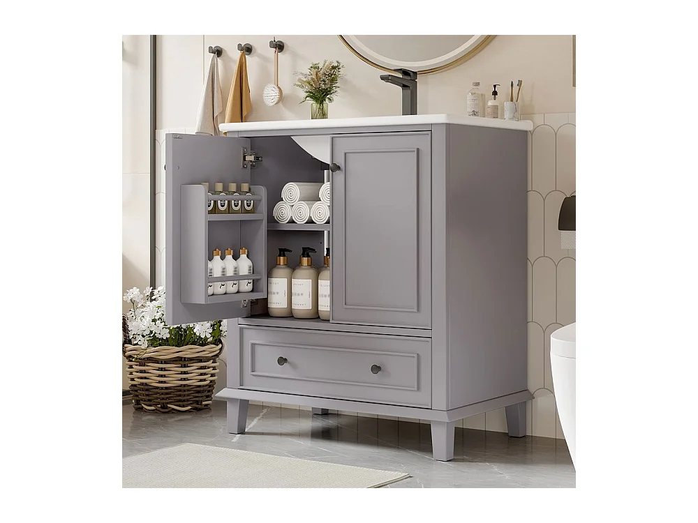 Meuble salle de bain lavabo pieds bois massif MDF hydrofuge grand rangement vasque ceramique integre gris