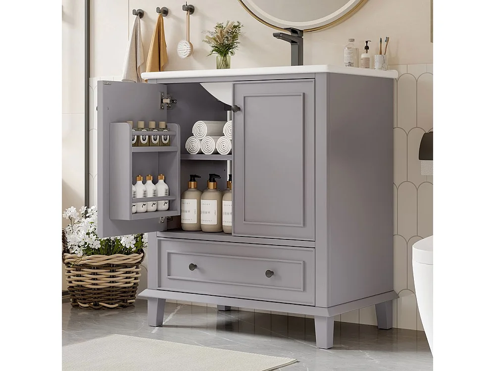 Meuble salle de bain lavabo pieds bois massif MDF hydrofuge grand rangement vasque ceramique integre gris