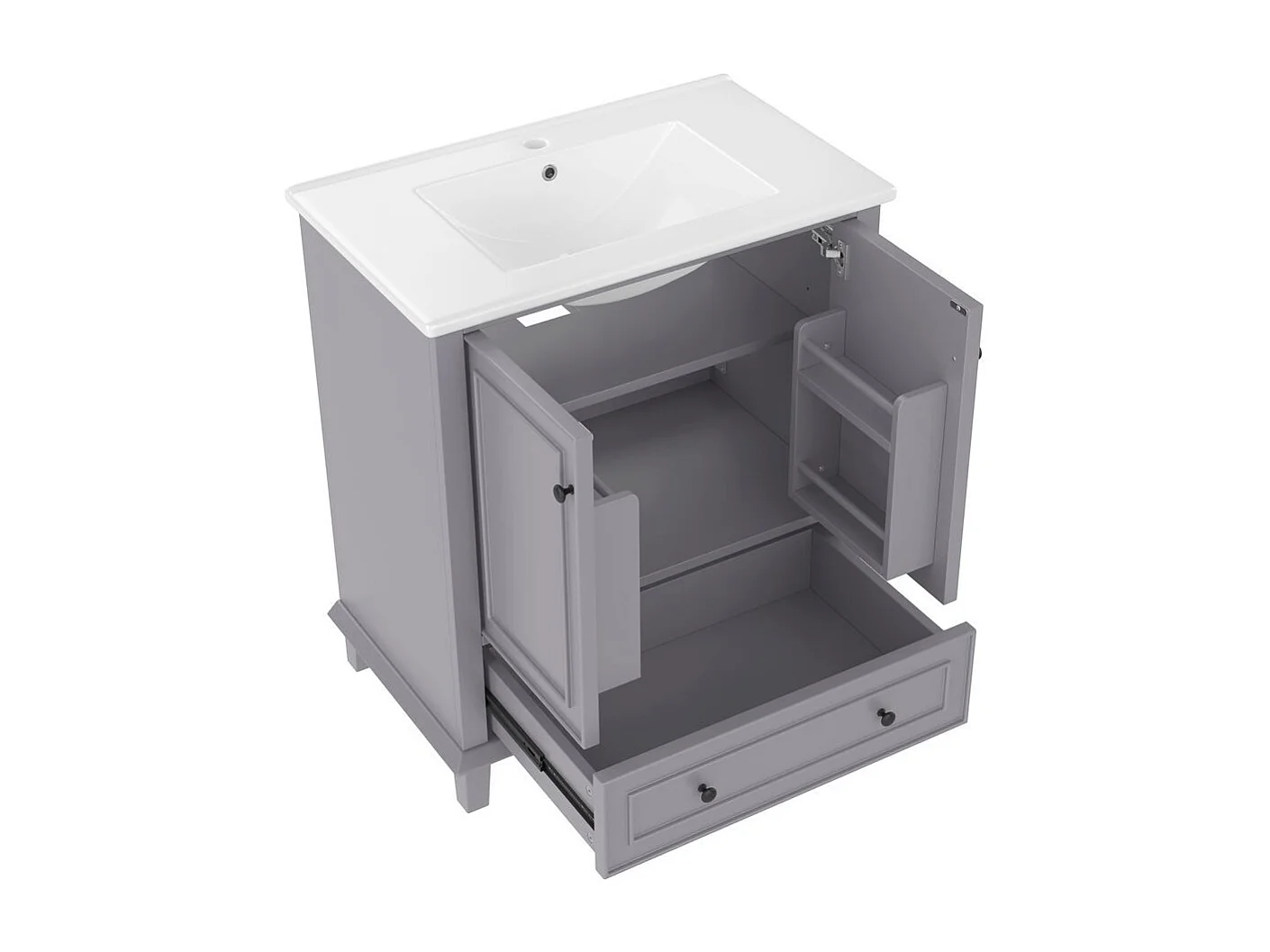 Meuble salle de bain lavabo pieds bois massif MDF hydrofuge grand rangement vasque ceramique integre gris