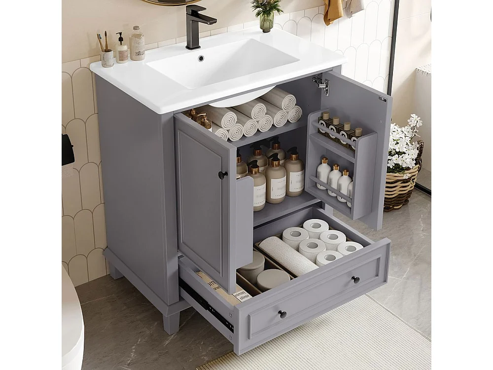 Meuble salle de bain lavabo pieds bois massif MDF hydrofuge grand rangement vasque ceramique integre gris
