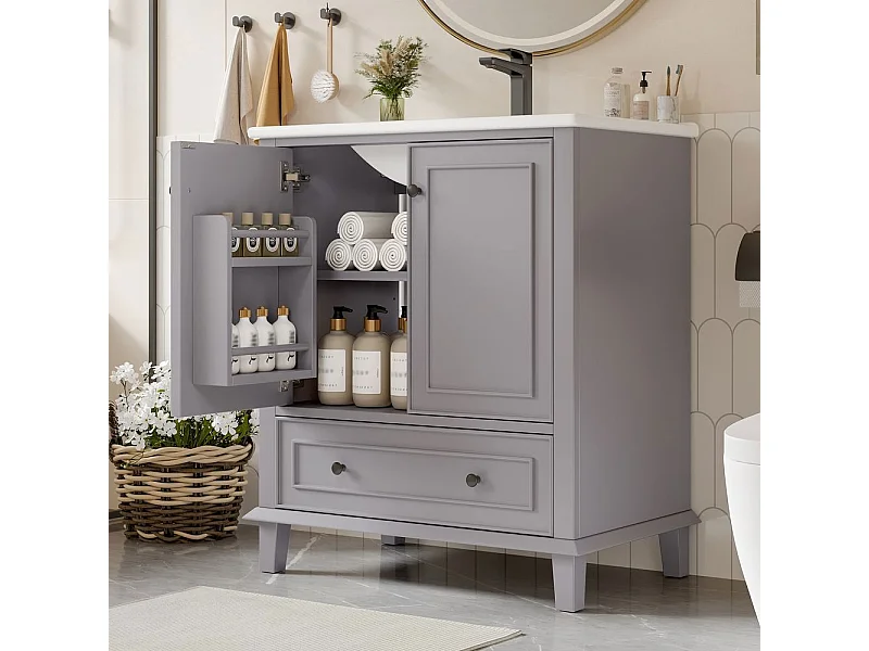 Meuble salle de bain lavabo pieds bois massif MDF hydrofuge grand rangement vasque ceramique integre gris