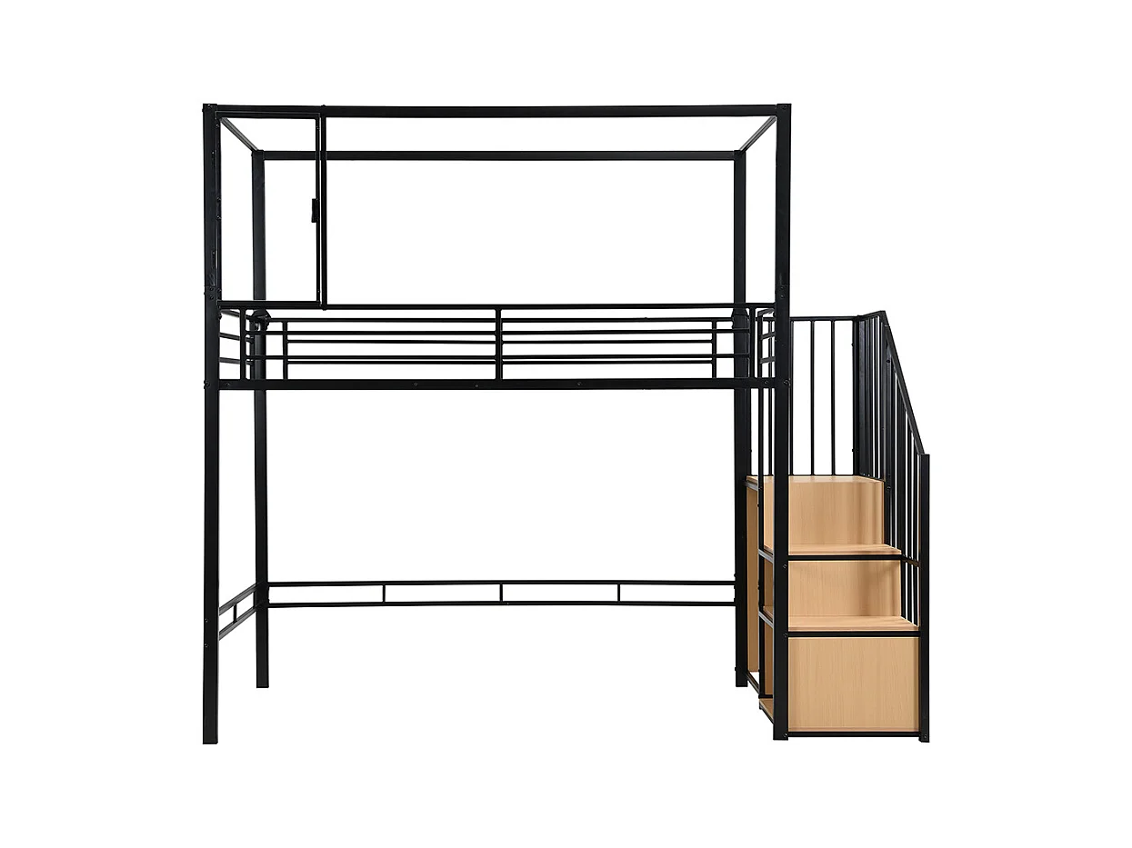 Lit mezzanine en fer 90x200 escalier penderie rangement fenêtre acrylique aimants aménagement étage inférieur noir et naturel