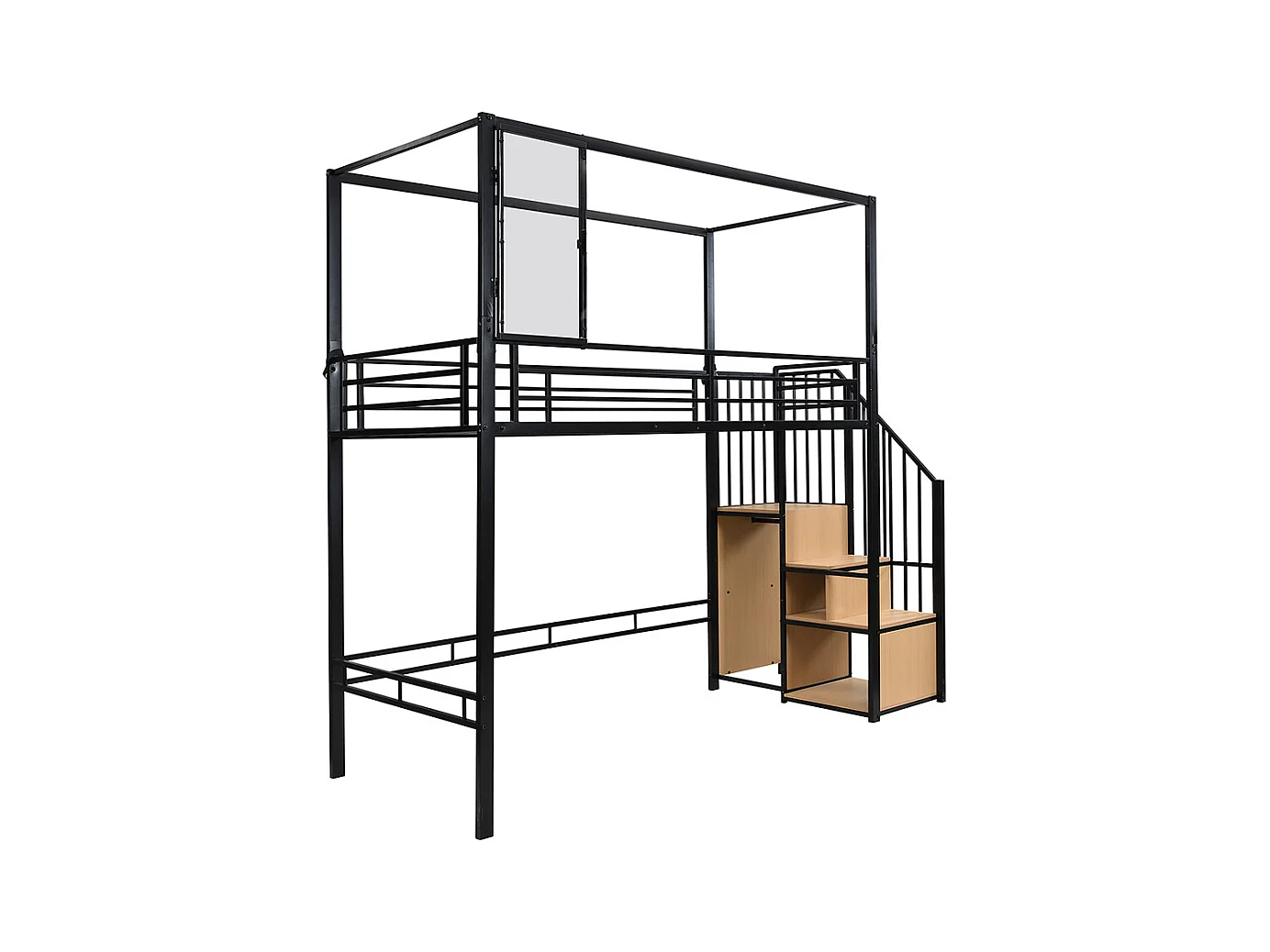 Lit mezzanine en fer 90x200 escalier penderie rangement fenêtre acrylique aimants aménagement étage inférieur noir et naturel