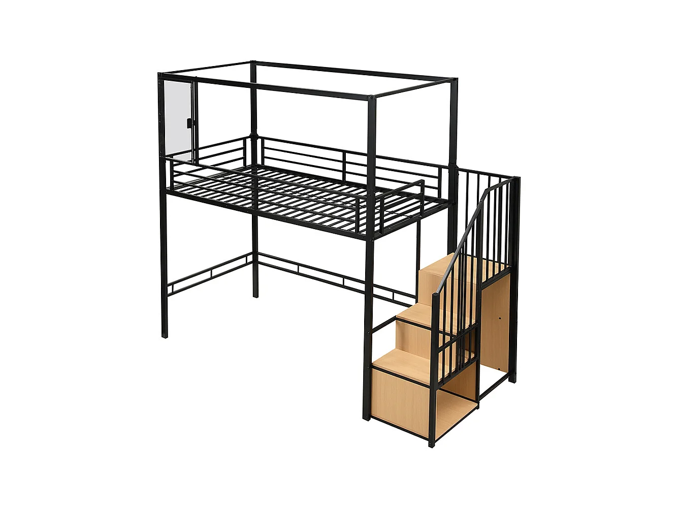 Lit mezzanine en fer 90x200 escalier penderie rangement fenêtre acrylique aimants aménagement étage inférieur noir et naturel
