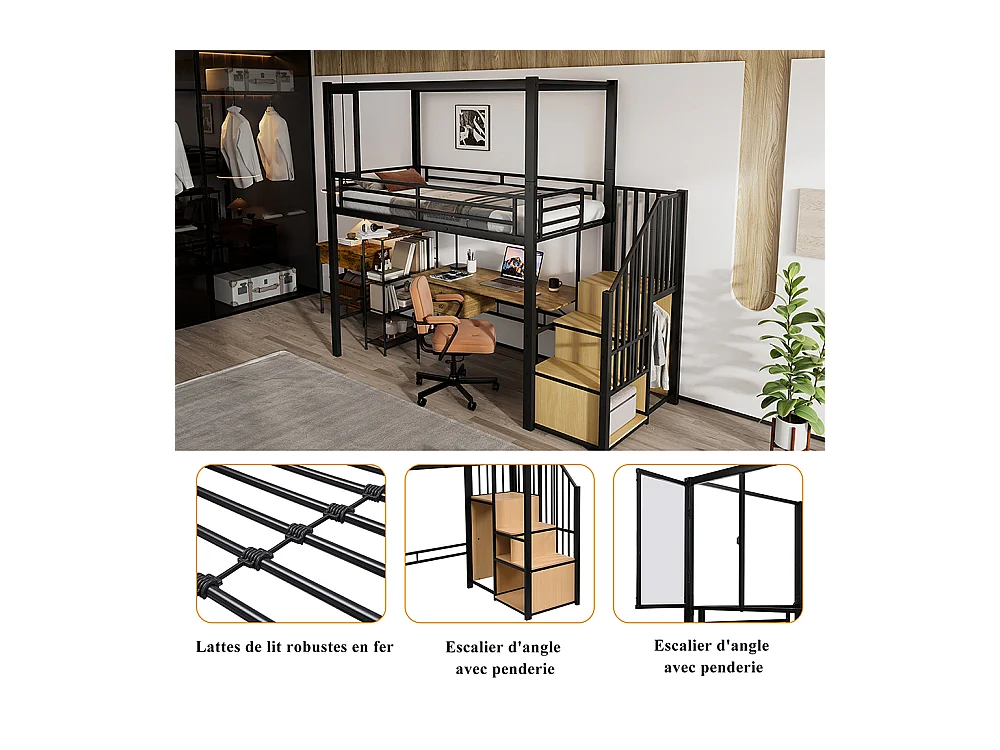 Lit mezzanine en fer 90x200 escalier penderie rangement fenêtre acrylique aimants aménagement étage inférieur noir et naturel