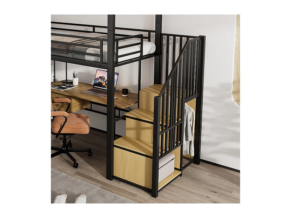 Lit mezzanine en fer 90x200 escalier penderie rangement fenêtre acrylique aimants aménagement étage inférieur noir et naturel