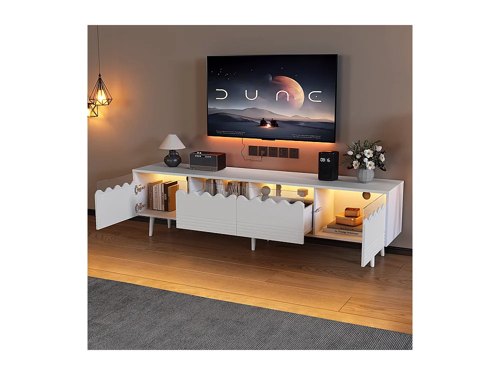 Meuble TV 176x38x45 cm blanc 2 armoires 2 tiroirs 6 pieds adapté 75 pouces