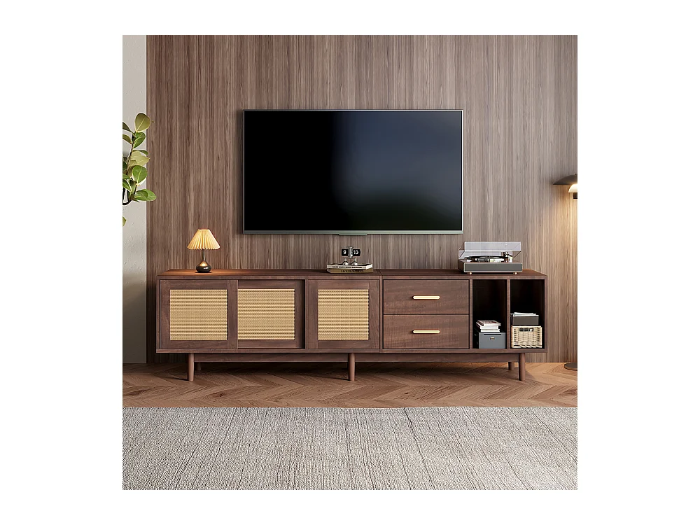 TV-meubel 190x40x52 cm rotan MDF bruin 6 poten multifunctionele lades 75 inch