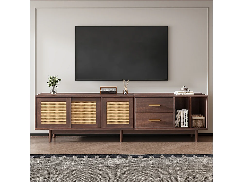 TV-meubel 190x40x52 cm rotan MDF bruin 6 poten multifunctionele lades 75 inch