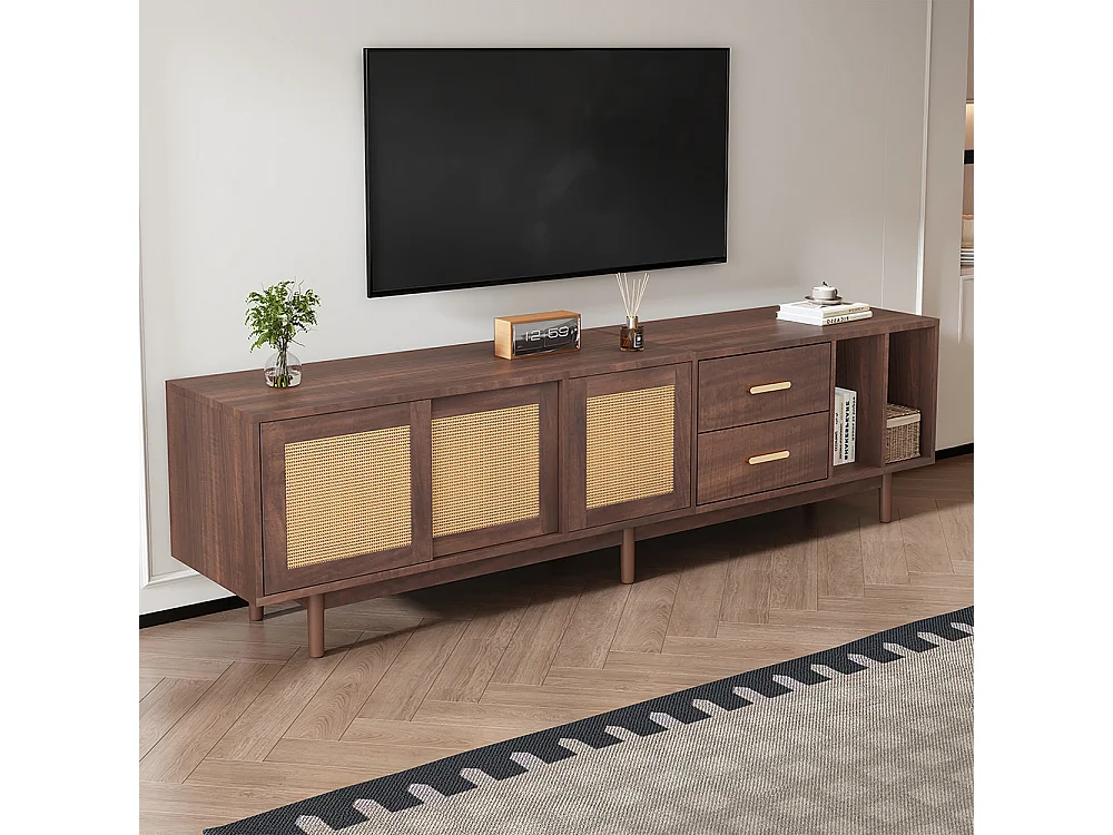 TV-meubel 190x40x52 cm rotan MDF bruin 6 poten multifunctionele lades 75 inch