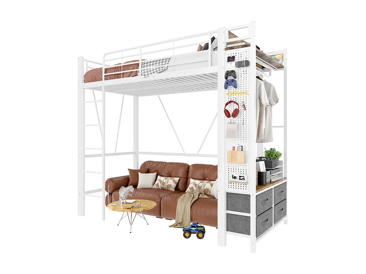 Letto a soppalco 90x200 cm con struttura in ferro barra asciugatrice ripiani 4 cassetti presa USB+TYPE-C striscia LED ringhiera scala asse forata bianco