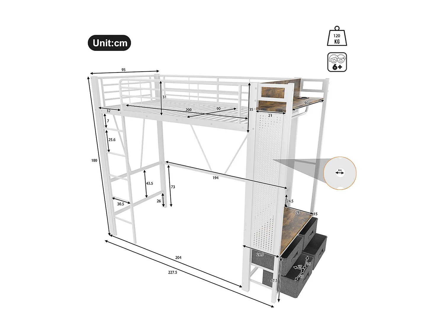 Letto a soppalco 90x200 cm con struttura in ferro barra asciugatrice ripiani 4 cassetti presa USB+TYPE-C striscia LED ringhiera scala asse forata bianco
