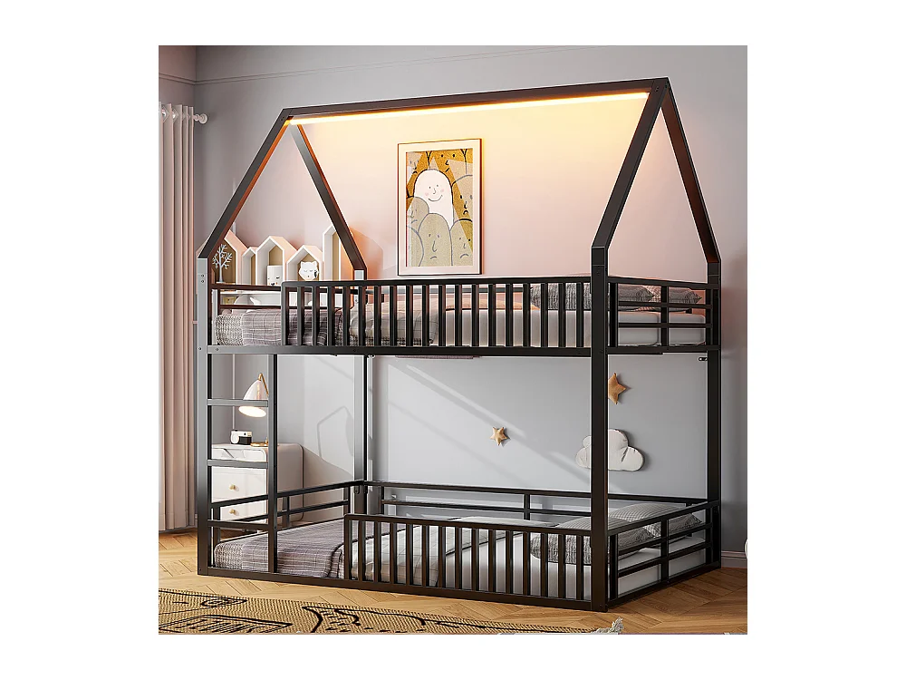 Lit mezzanine maison 140x200 barrière éclairage LED noir