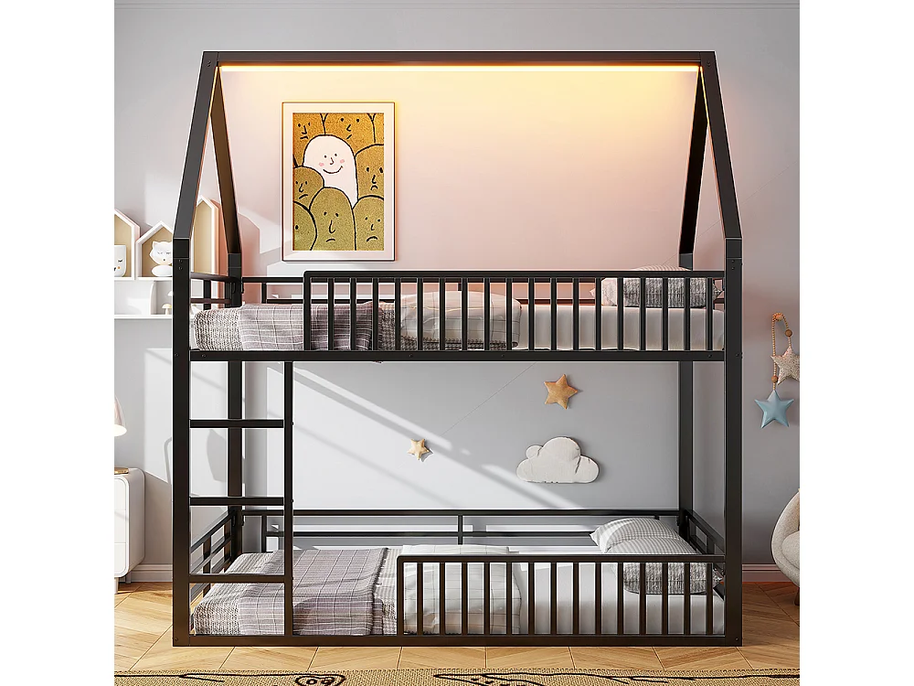 Lit mezzanine maison 140x200 barrière éclairage LED noir