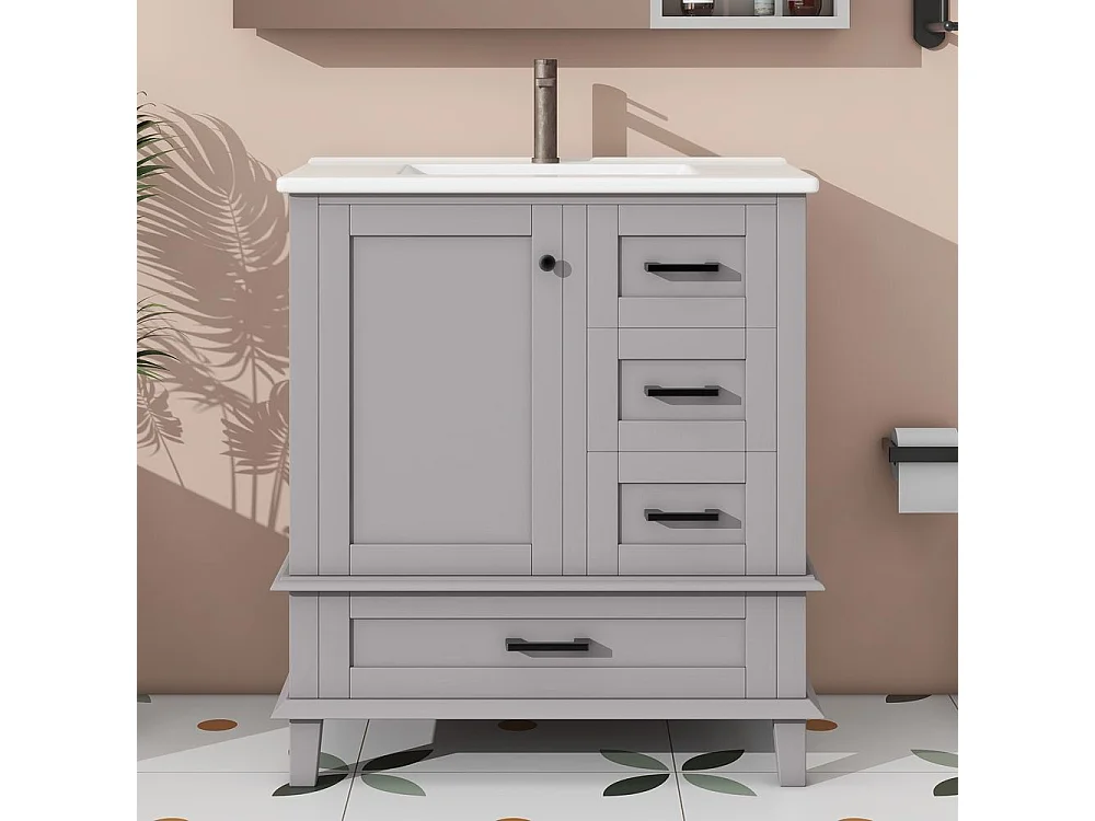 Meuble salle de bain lavabo vasque laque etagere porte trois tiroirs silencieux vasque ceramique integre gris