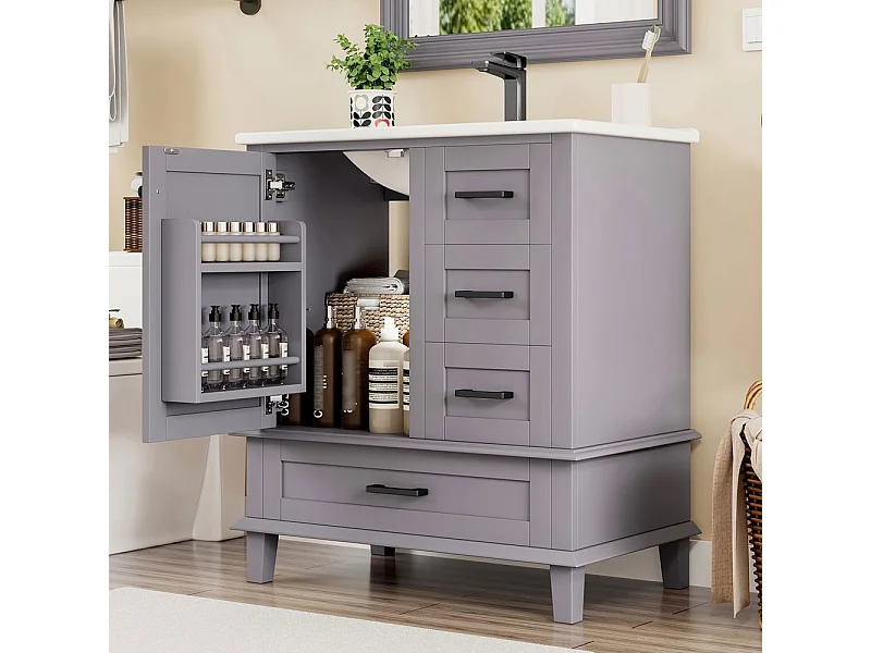 Meuble salle de bain lavabo vasque laque etagere porte trois tiroirs silencieux vasque ceramique integre gris