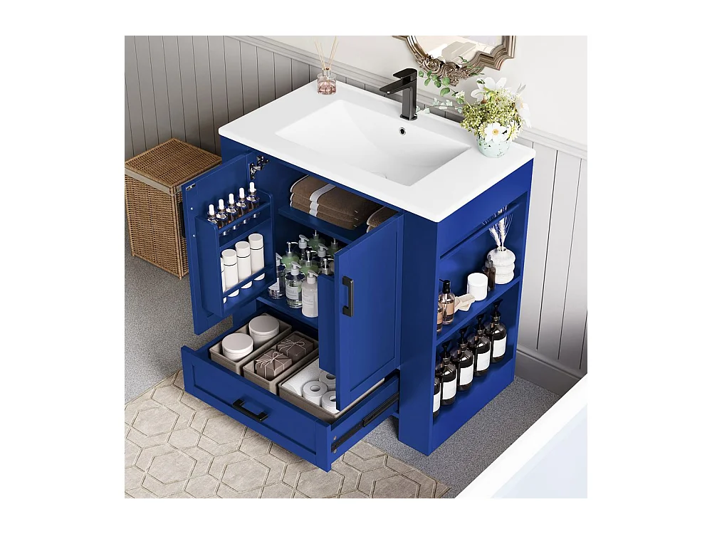 Meuble salle de bain lavabo vasque laque doubles etageres porte tiroirs silencieux etageres laterales vasque ceramique integre bleu