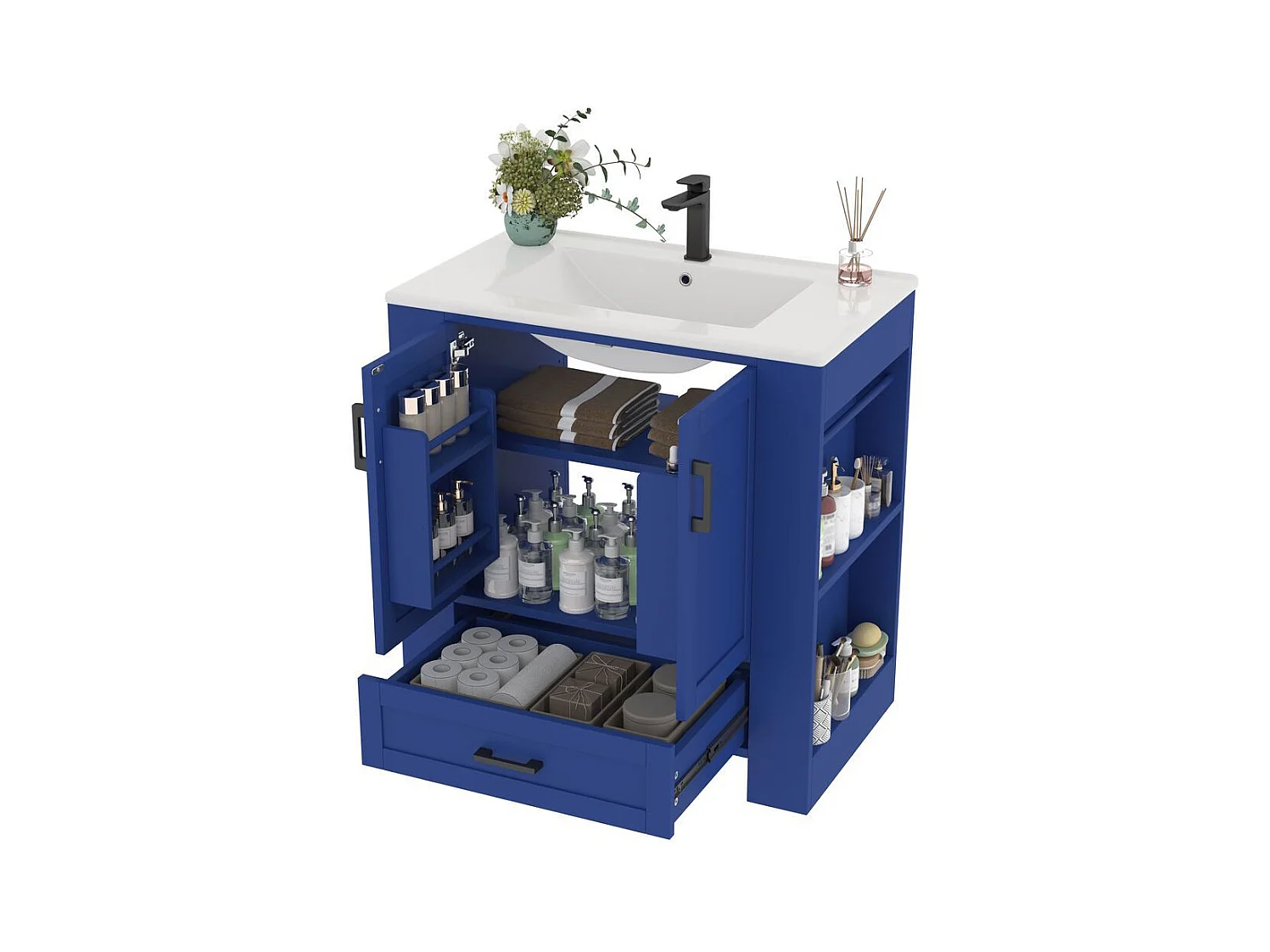 Meuble salle de bain lavabo vasque laque doubles etageres porte tiroirs silencieux etageres laterales vasque ceramique integre bleu