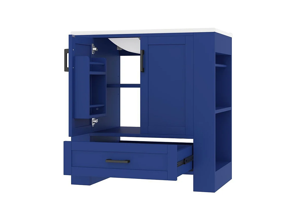 Meuble salle de bain lavabo vasque laque doubles etageres porte tiroirs silencieux etageres laterales vasque ceramique integre bleu