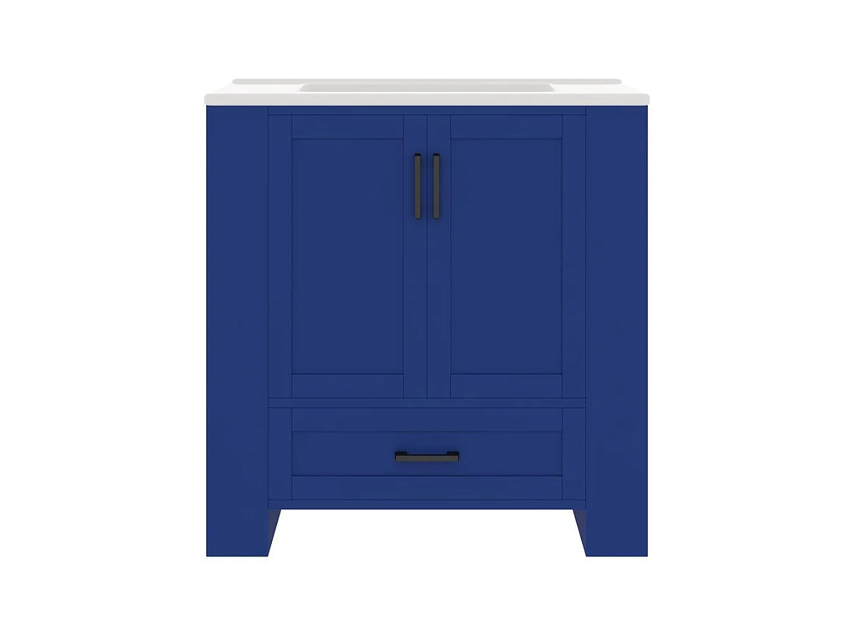 Meuble salle de bain lavabo vasque laque doubles etageres porte tiroirs silencieux etageres laterales vasque ceramique integre bleu