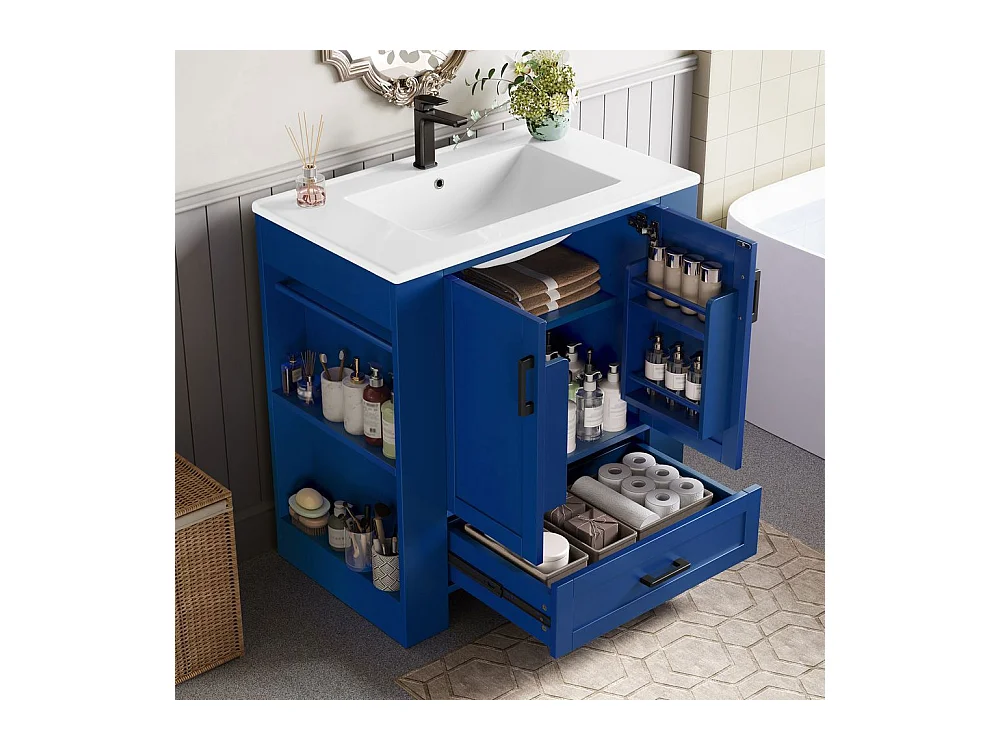 Meuble salle de bain lavabo vasque laque doubles etageres porte tiroirs silencieux etageres laterales vasque ceramique integre bleu
