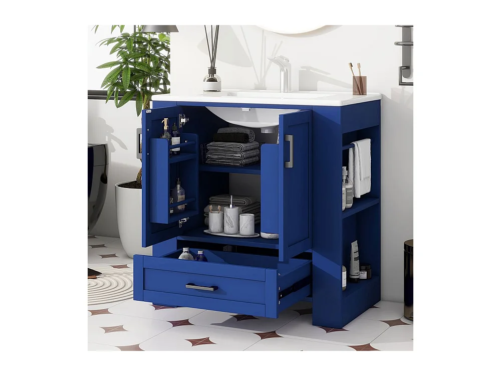 Meuble salle de bain lavabo vasque laque doubles etageres porte tiroirs silencieux etageres laterales vasque ceramique integre bleu