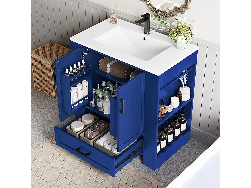 Meuble salle de bain lavabo vasque laque doubles etageres porte tiroirs silencieux etageres laterales vasque ceramique integre bleu