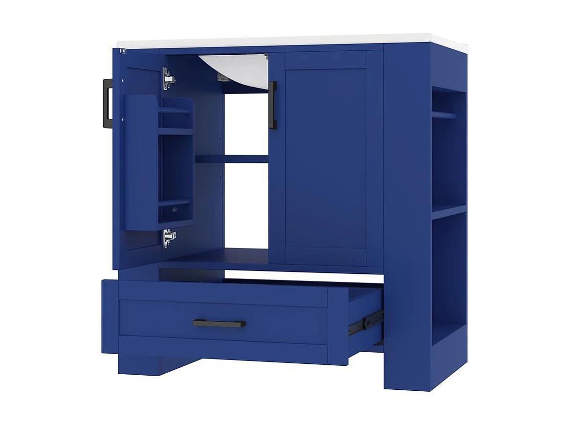 Meuble salle de bain lavabo vasque laque doubles etageres porte tiroirs silencieux etageres laterales vasque ceramique integre bleu