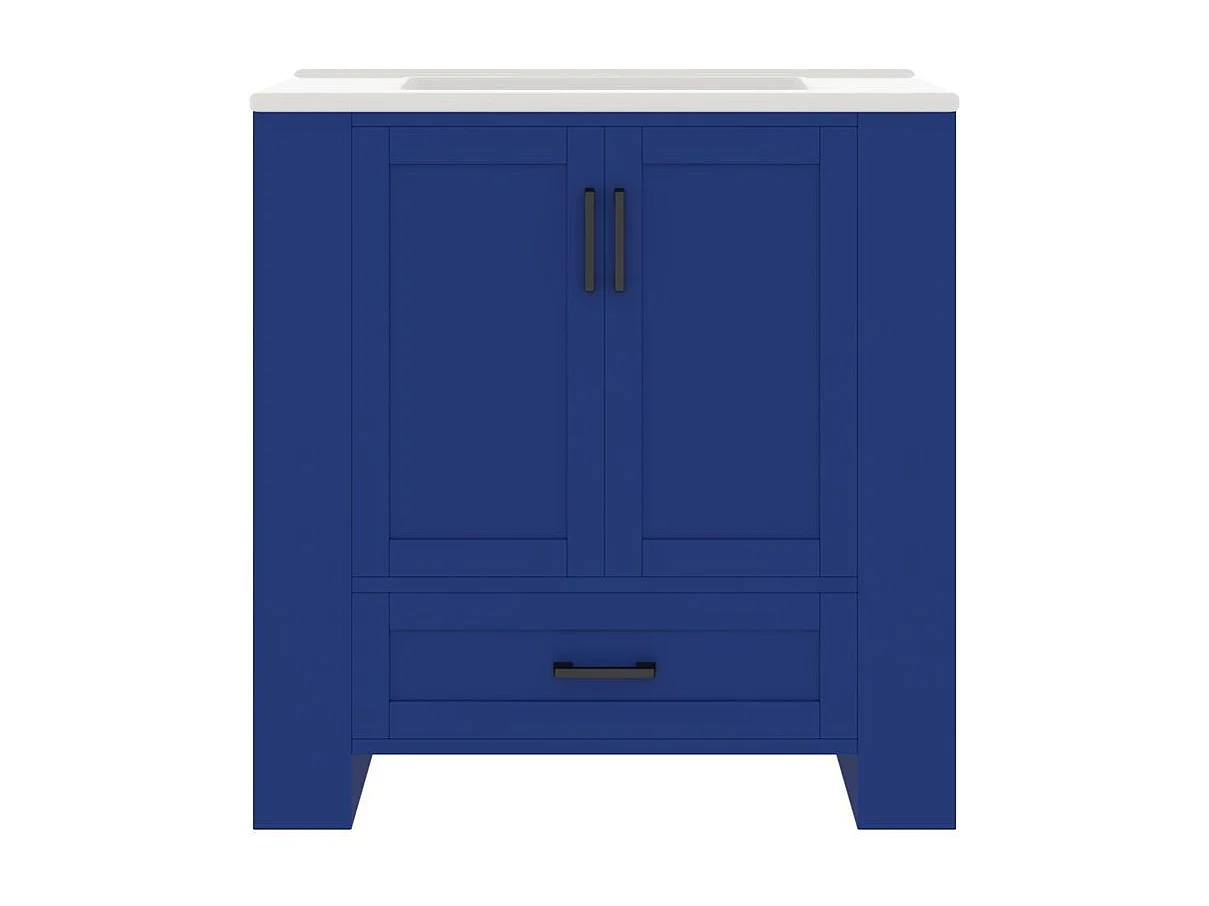 Meuble salle de bain lavabo vasque laque doubles etageres porte tiroirs silencieux etageres laterales vasque ceramique integre bleu