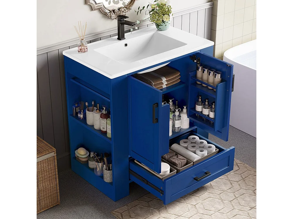 Meuble salle de bain lavabo vasque laque doubles etageres porte tiroirs silencieux etageres laterales vasque ceramique integre bleu