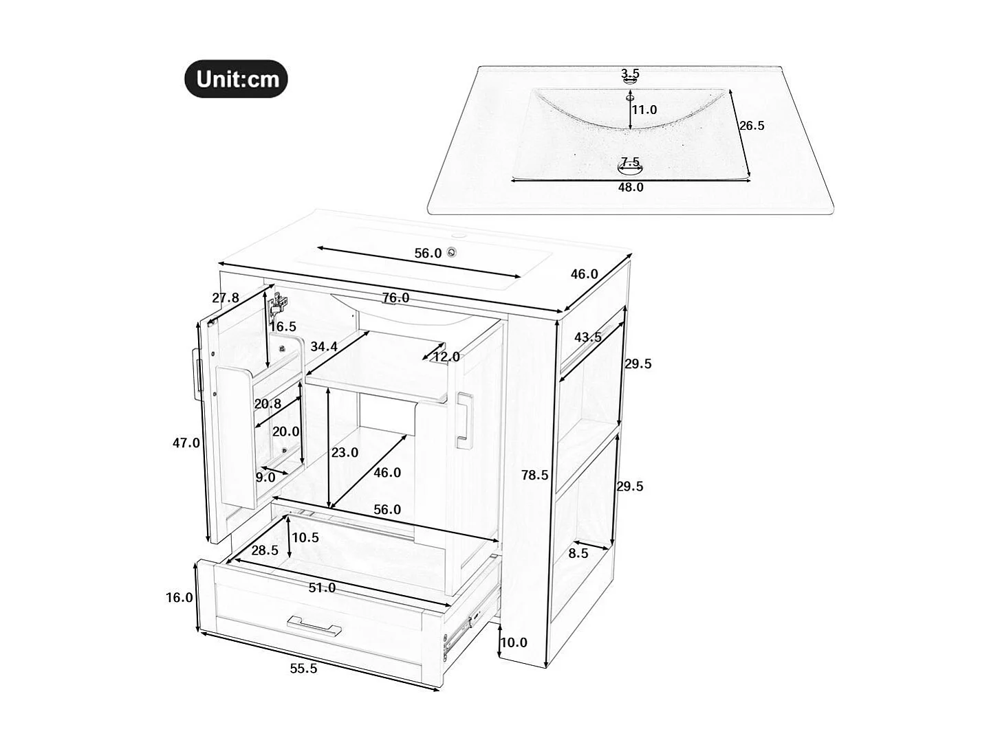 Meuble salle de bain lavabo vasque laque doubles etageres porte tiroirs silencieux etageres laterales vasque ceramique integre bleu