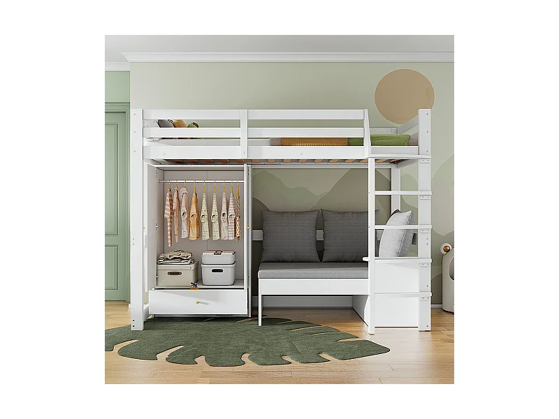 Lit mezzanine enfant 90x200 avec échelle armoire canapé 3 coussins tablette bois massif blanc