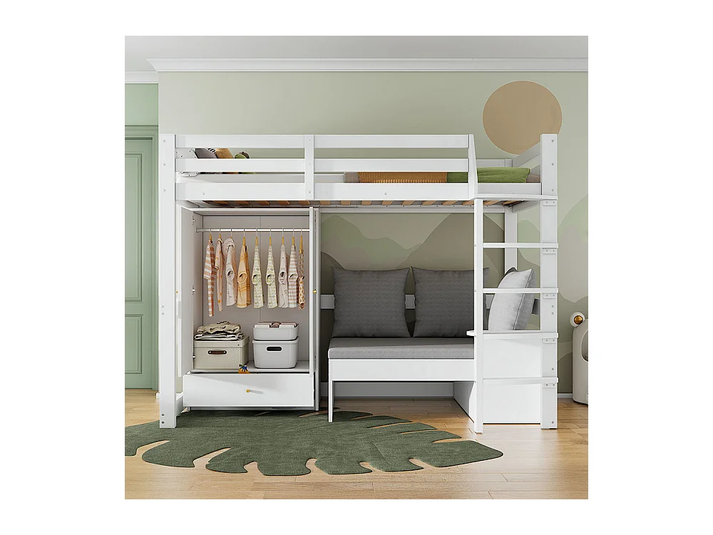 Lit mezzanine enfant 90x200 avec échelle armoire canapé 3 coussins tablette bois massif blanc