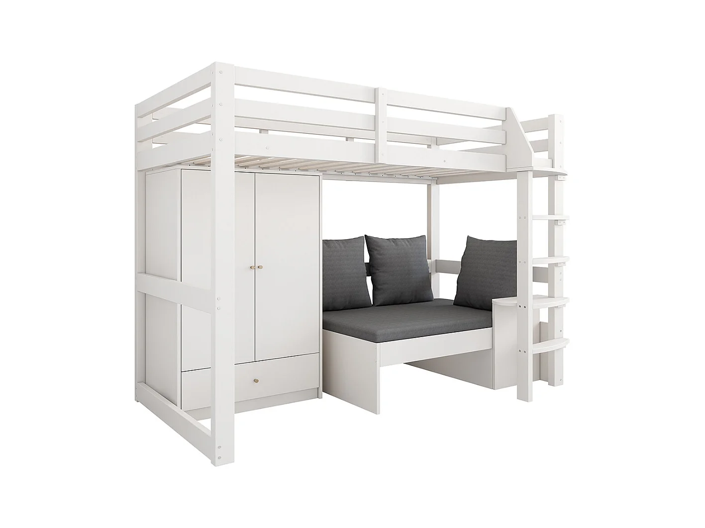 Lit mezzanine enfant 90x200 avec échelle armoire canapé 3 coussins tablette bois massif blanc