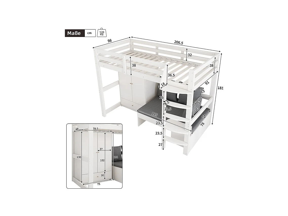 Lit mezzanine enfant 90x200 avec échelle armoire canapé 3 coussins tablette bois massif blanc