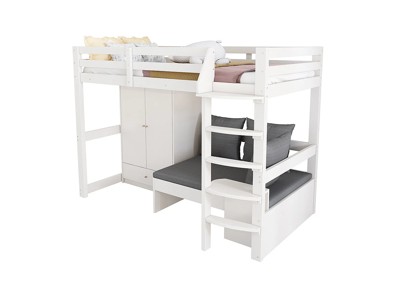 Lit mezzanine enfant 90x200 avec échelle armoire canapé 3 coussins tablette bois massif blanc