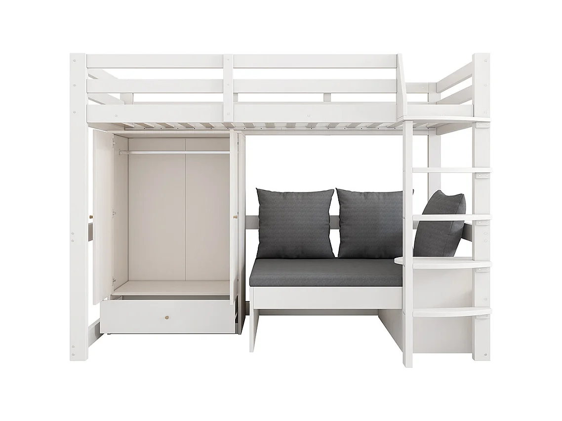 Lit mezzanine enfant 90x200 avec échelle armoire canapé 3 coussins tablette bois massif blanc