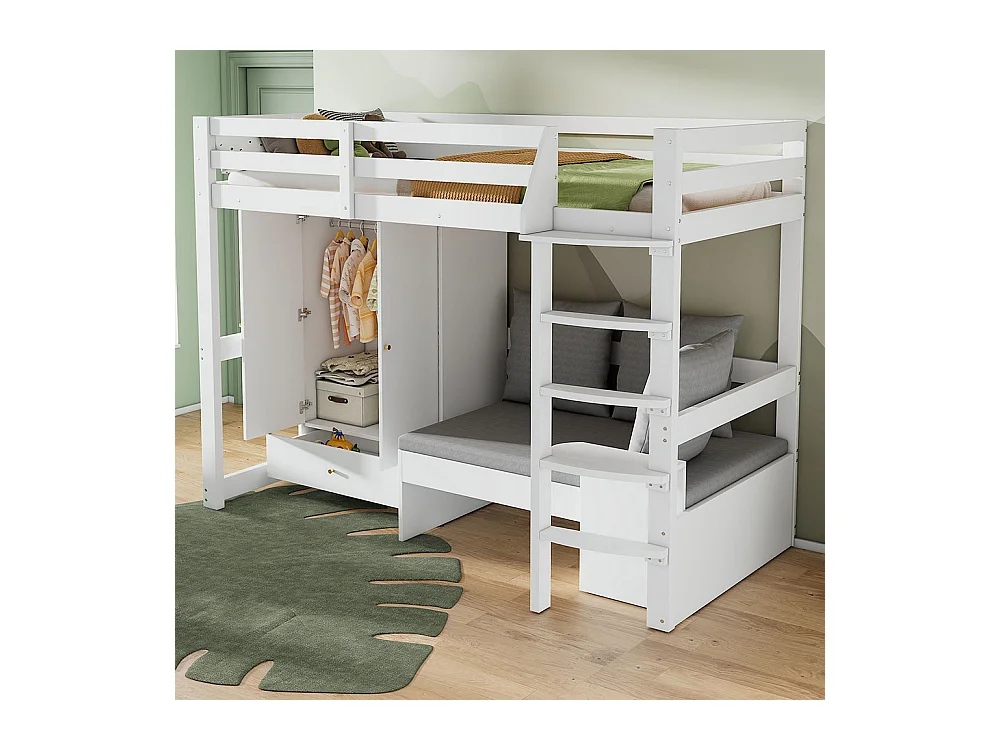 Lit mezzanine enfant 90x200 avec échelle armoire canapé 3 coussins tablette bois massif blanc