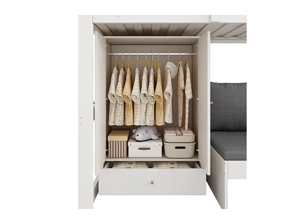 Lit mezzanine enfant 90x200 avec échelle armoire canapé 3 coussins tablette bois massif blanc