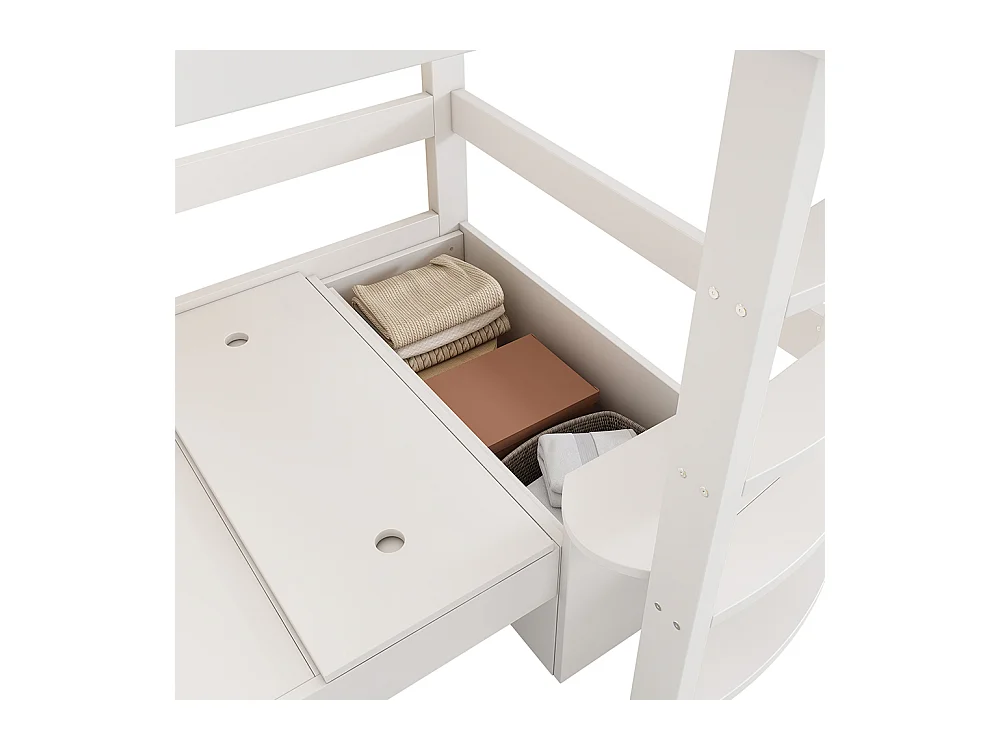 Lit mezzanine enfant 90x200 avec échelle armoire canapé 3 coussins tablette bois massif blanc