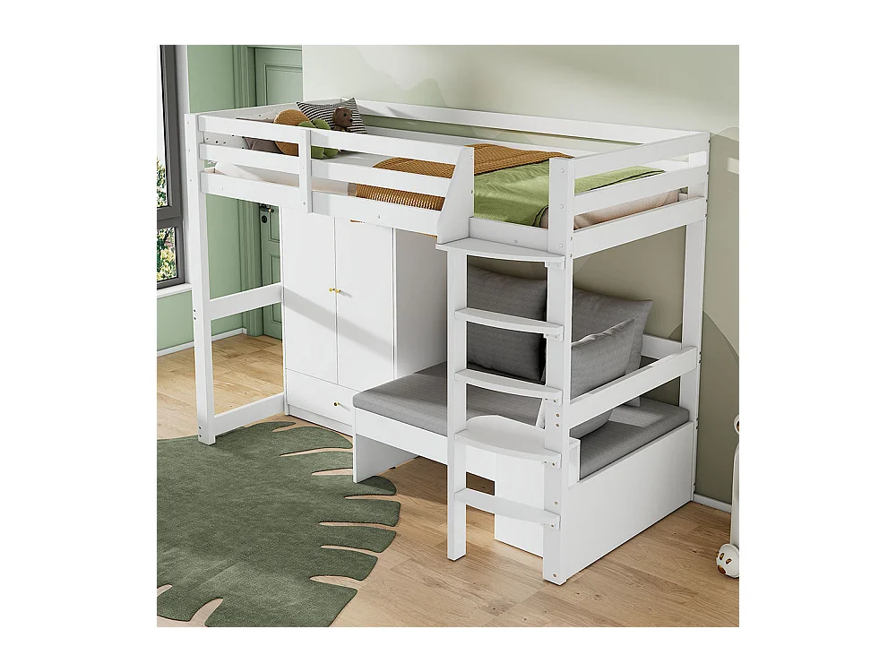 Lit mezzanine enfant 90x200 avec échelle armoire canapé 3 coussins tablette bois massif blanc