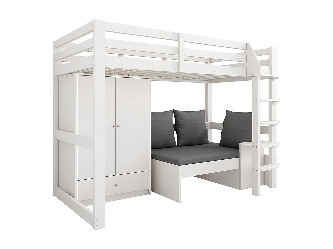 Lit mezzanine enfant 90x200 avec échelle armoire canapé 3 coussins tablette bois massif blanc